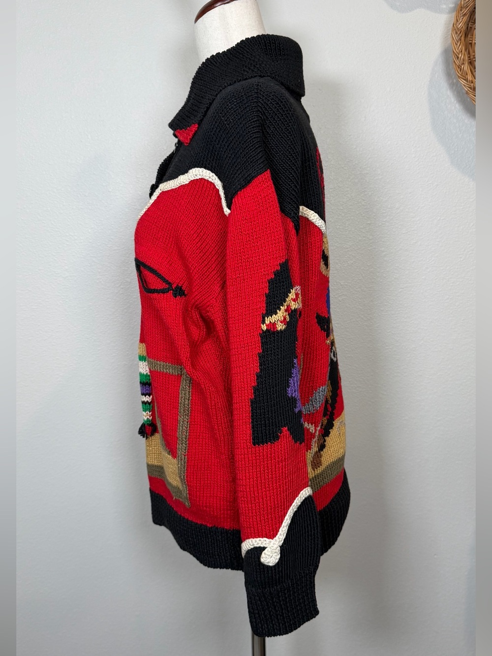 Vintage 80’s Berek Label Cowboy Rodeo Western Hand Knit Sweater Red Black Medium - Picture 6 of 15
